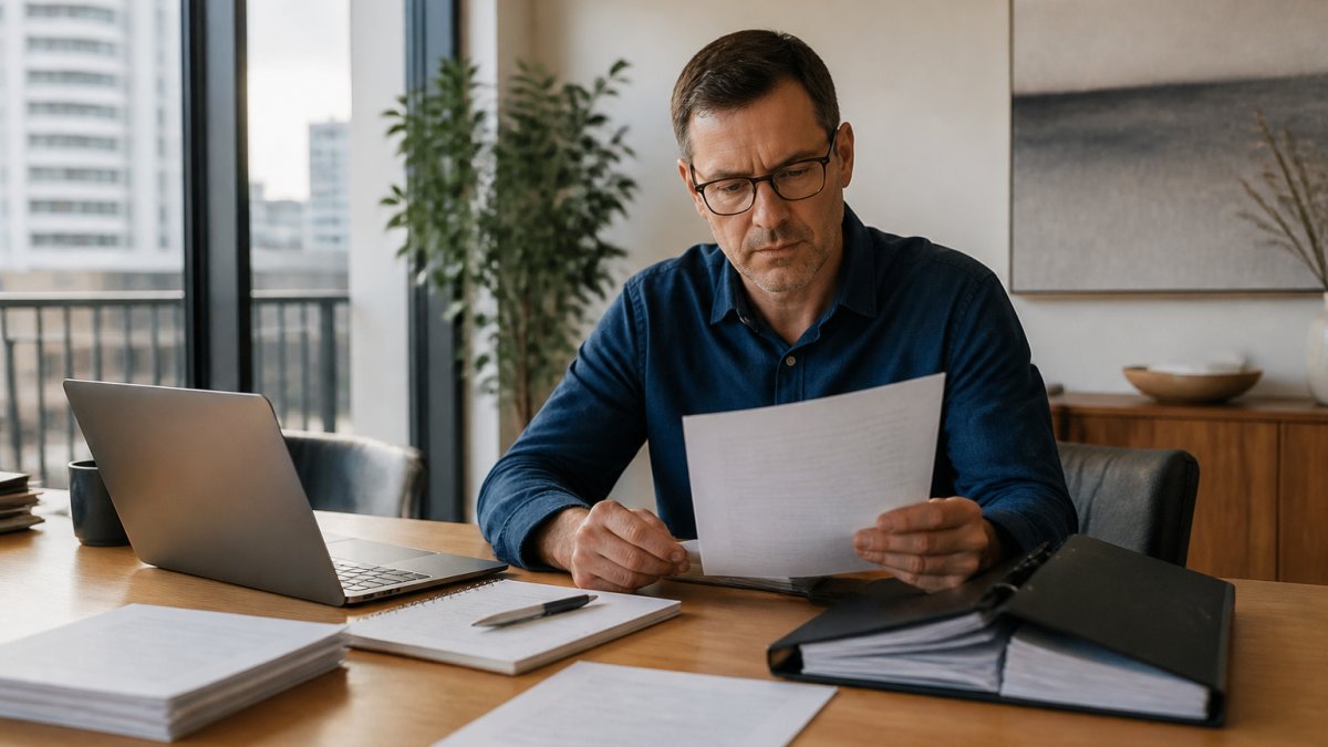 A committee member reviewing a formal complaint letter at a desk with a laptop and a folder of documents, in a bright apartment meeting room