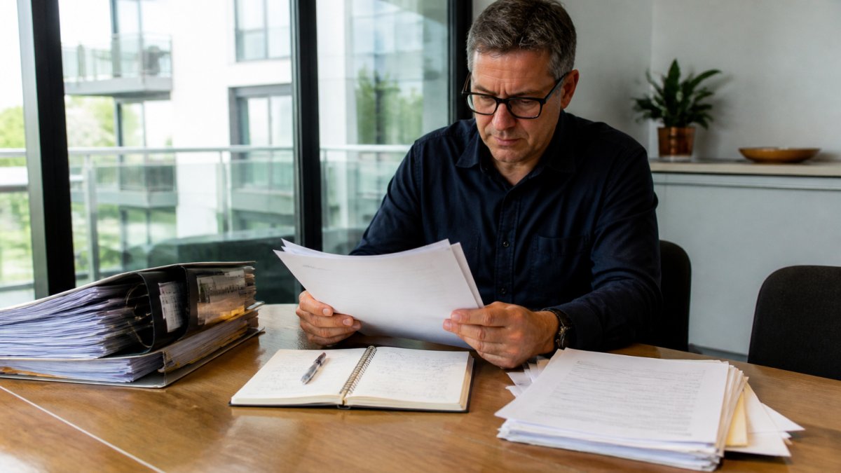 An owners corporation committee member reviewing official documents at a table with a laptop and notepad in a bright meeting room
