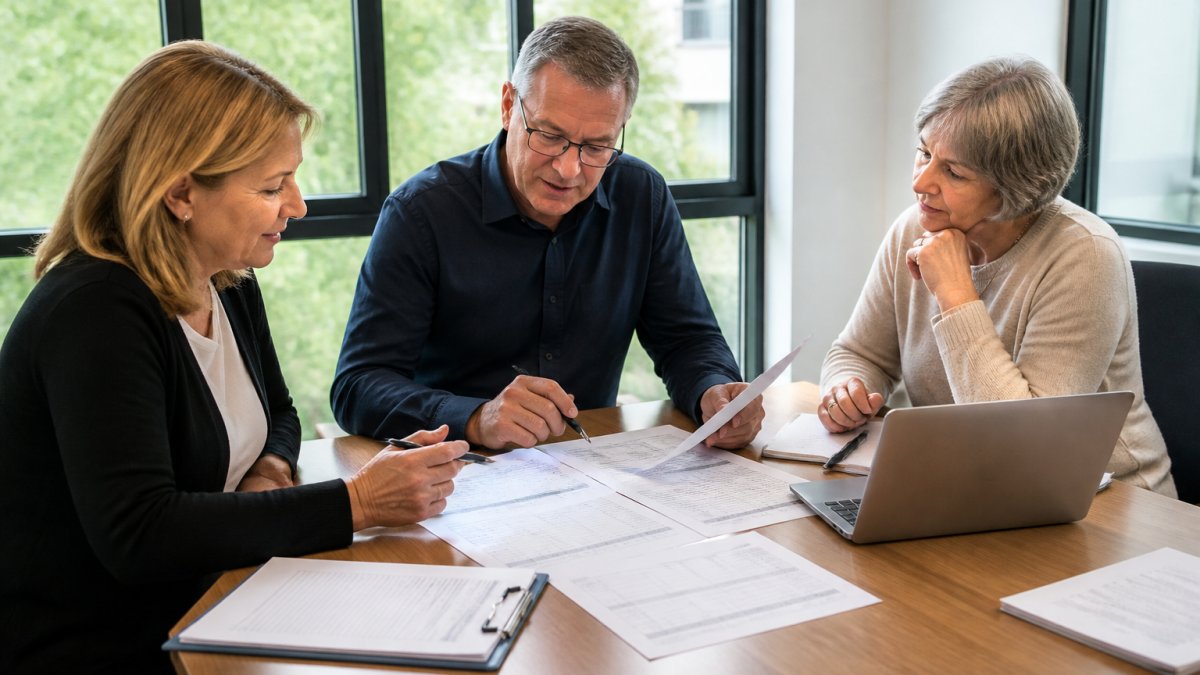 Three committee members seated around a table with printed fee schedules and a laptop, comparing documents and annotating pages in a bright meeting room